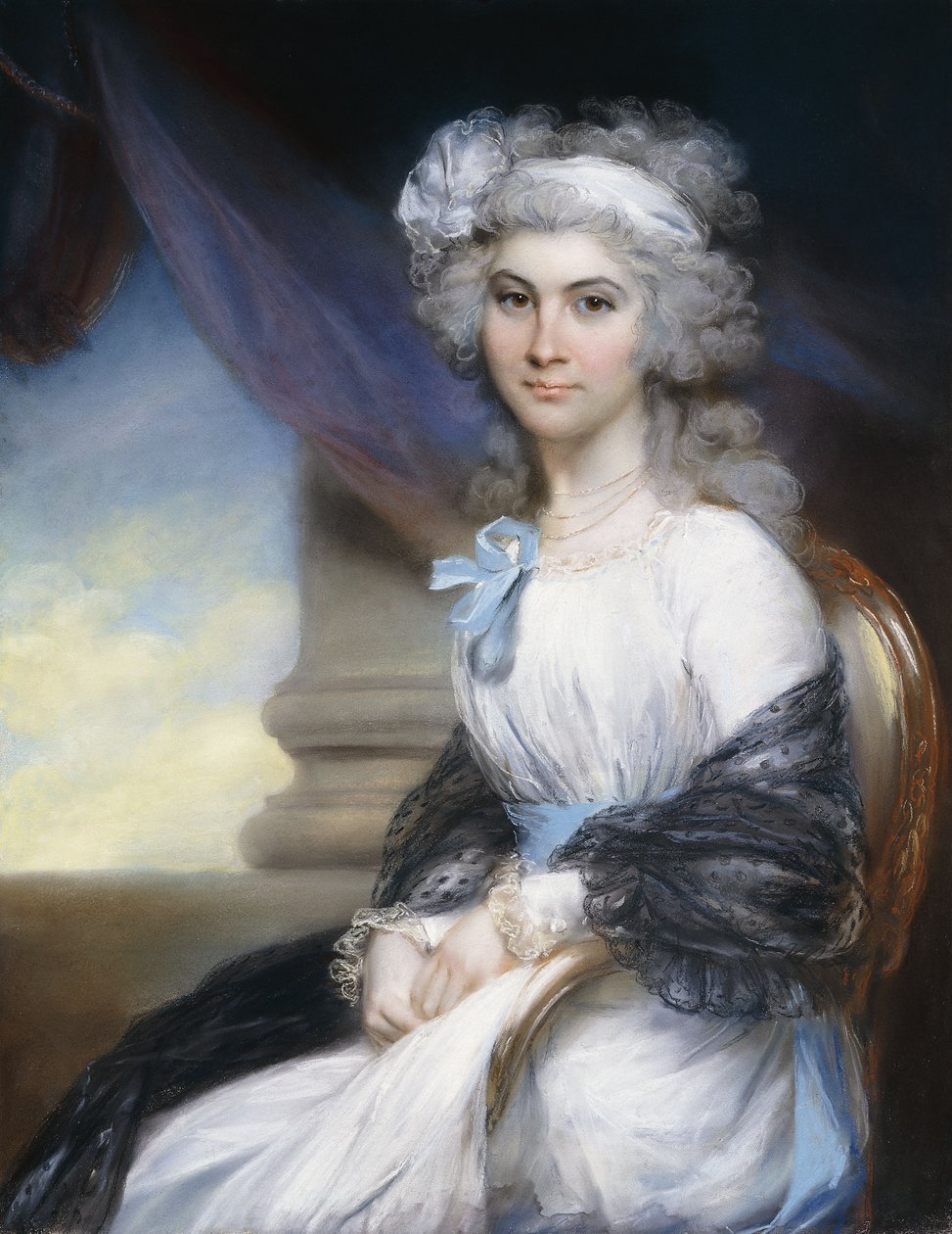 Portrait de Mlle Sophia Vansittart, trois-quarts longueur, portant une robe blanche avec un ruban blanc autour de ses cheveux poudrés et un châle noir drapé sur ses épaules, assise à côté d