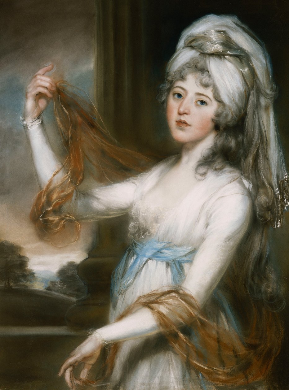 Portrait de Sarah, épouse de Walker King, évêque de Rochester, trois quarts longueur, en robe blanche avec une ceinture bleue - John Russell