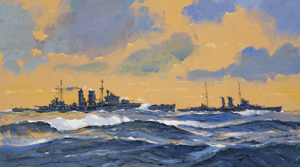 Les croiseurs britanniques HMS Exeter et HMS York (gouache sur papier) - John S. Smith