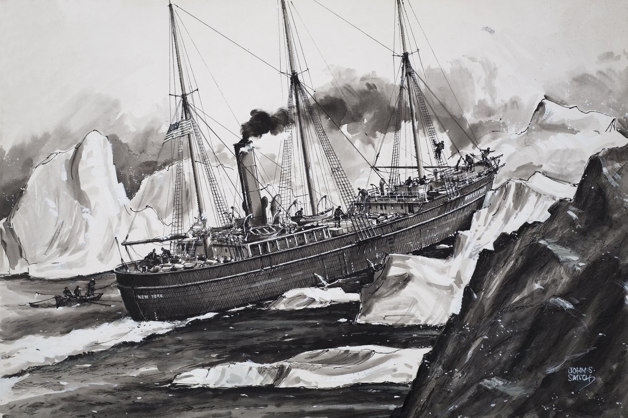 Le Roosevelt brisant la glace pour atteindre le pôle Nord (gouache sur papier) - John S. Smith
