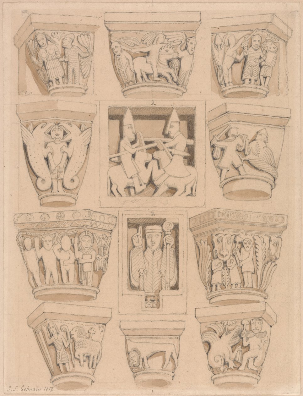 Chapiteaux et bas-reliefs A & B dans l