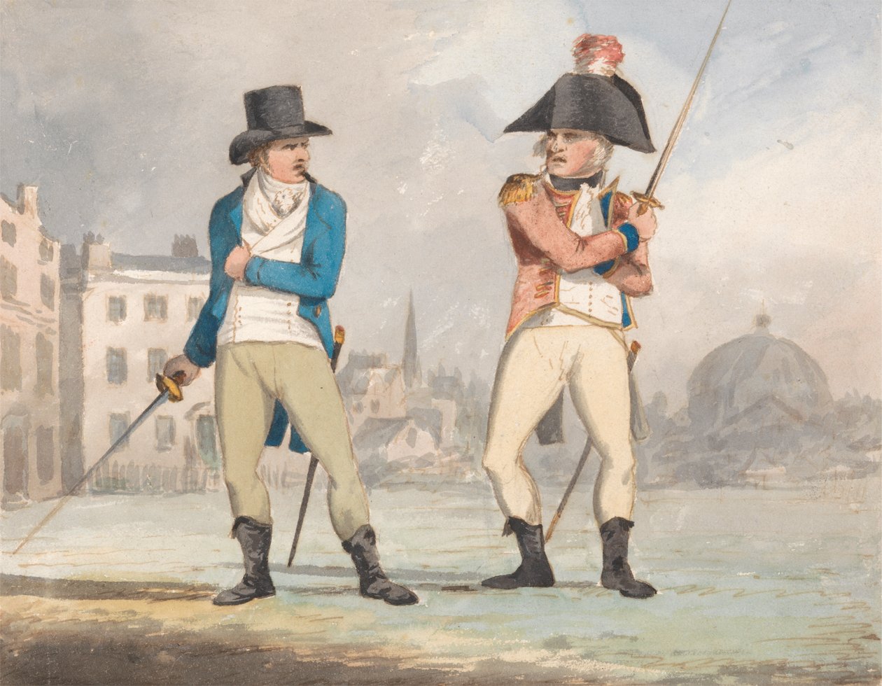 Caricature de deux hommes avec des épées dégainées (un d