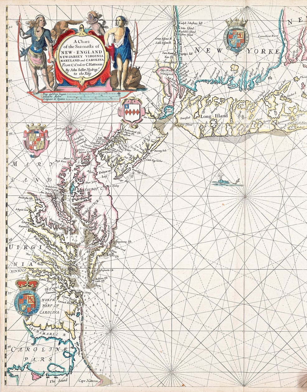 Carte des côtes maritimes de la Nouvelle-Angleterre, du New Jersey, de la Virginie, du Maryland et de la Caroline de Cape Cod à Cape Hatteras - John Seller