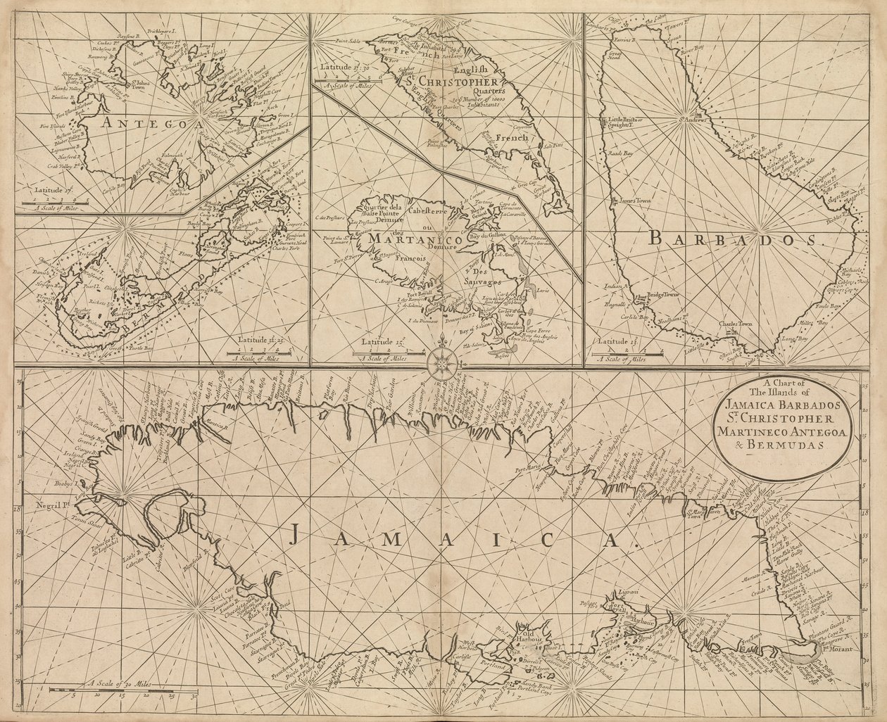 Carte de la Jamaïque, de la Barbade, de Saint-Christophe, de la Martinique, d