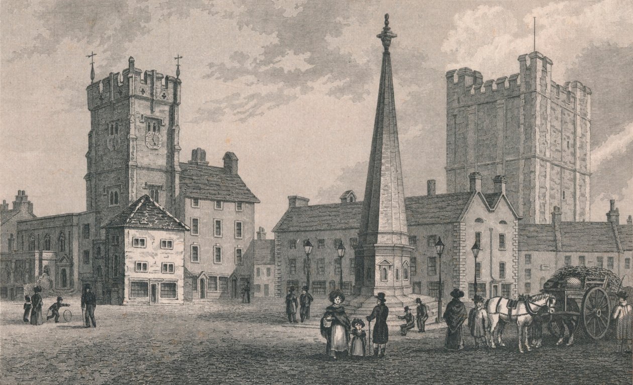 Place du marché de Richmond, église de la Trinité et donjon du château de Richmond, 1831 - John Shury