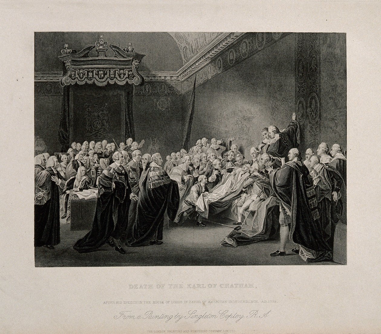 La mort de William Pitt, lord Chatham, dans la Chambre haute du palais de Westminster, 1778. Gravure d
