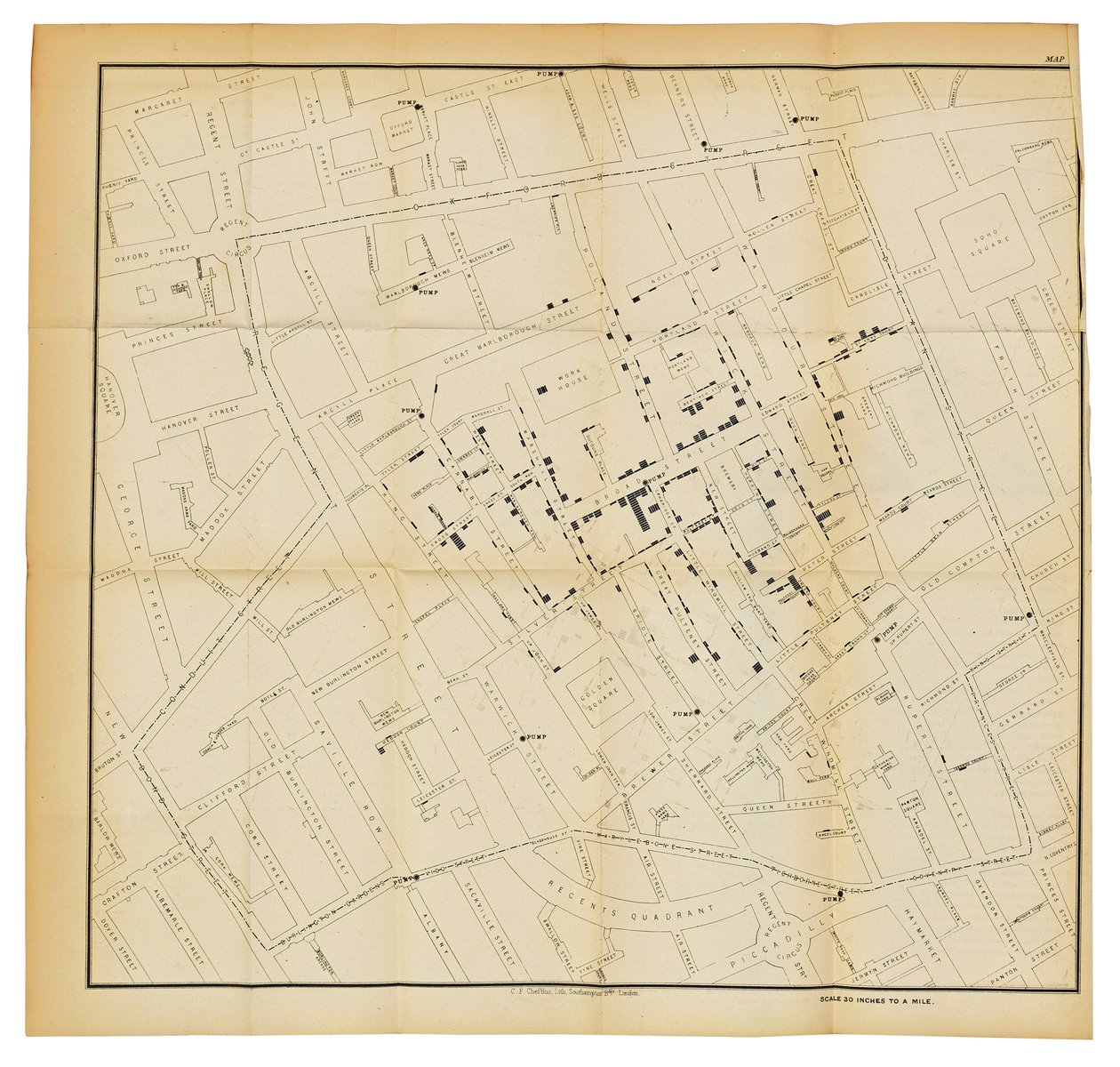Une carte de "On the Mode of Communication of Cholera", 1855 - John Snow