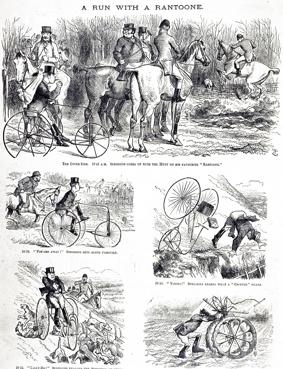 Une caricature représentant un homme chassant en tricycle. Illustré par John Tenniel (1820-1914) un illustrateur anglais, humoriste graphique et caricaturiste politique - John Tenniel