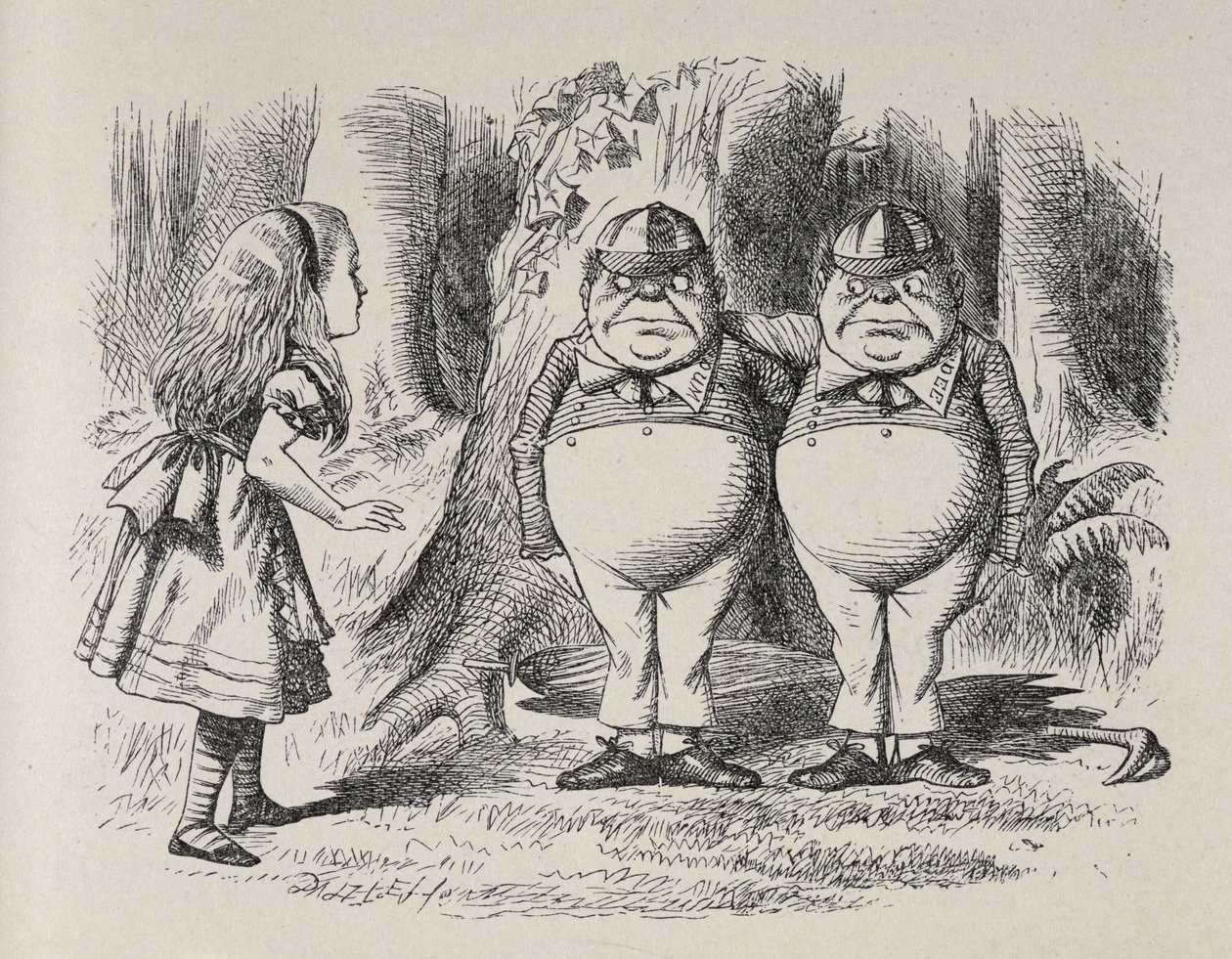 Alice rencontrant Tweedle Dee et Tweedle Dum pour la première fois - John Tenniel