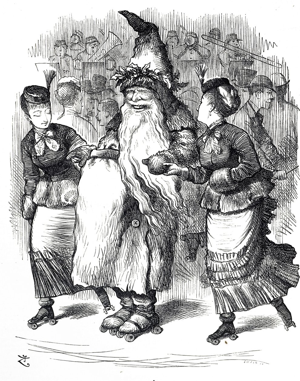 Caricature représentant le Père Noël en patins à roulettes - John Tenniel