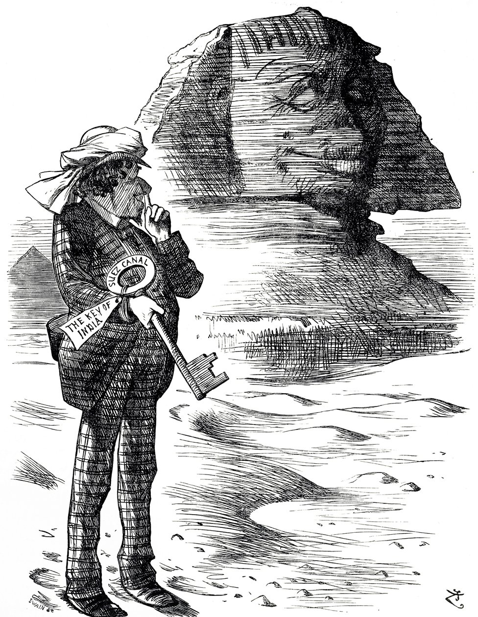 Dessin animé représentant le Premier ministre Benjamin Disraeli tenant le canal de Suez comme la clé de la possession et de l