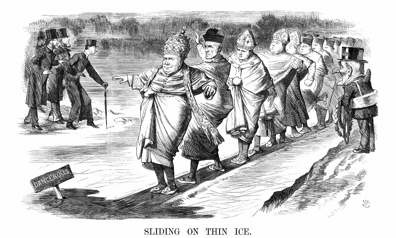 Convertis anglais à Rome, y compris Newman, patinant sur une glace mince tandis que, à gauche, Pusey et ses amis anglo-catholiques 