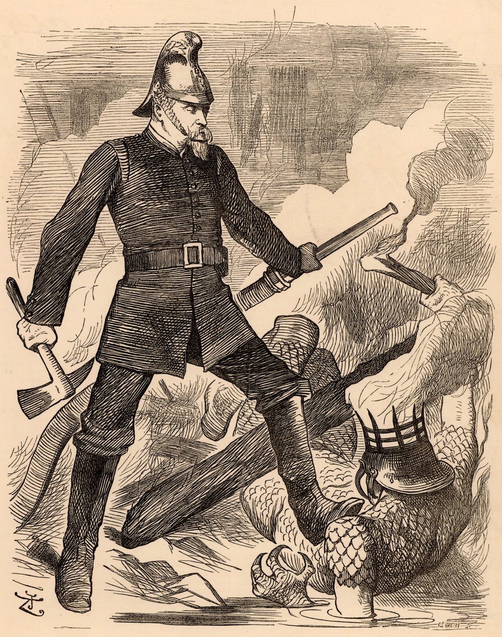 Eyre Massey Shaw combattant le feu, de "Punch" Londres, 20 août 1887 (gravure) - John Tenniel