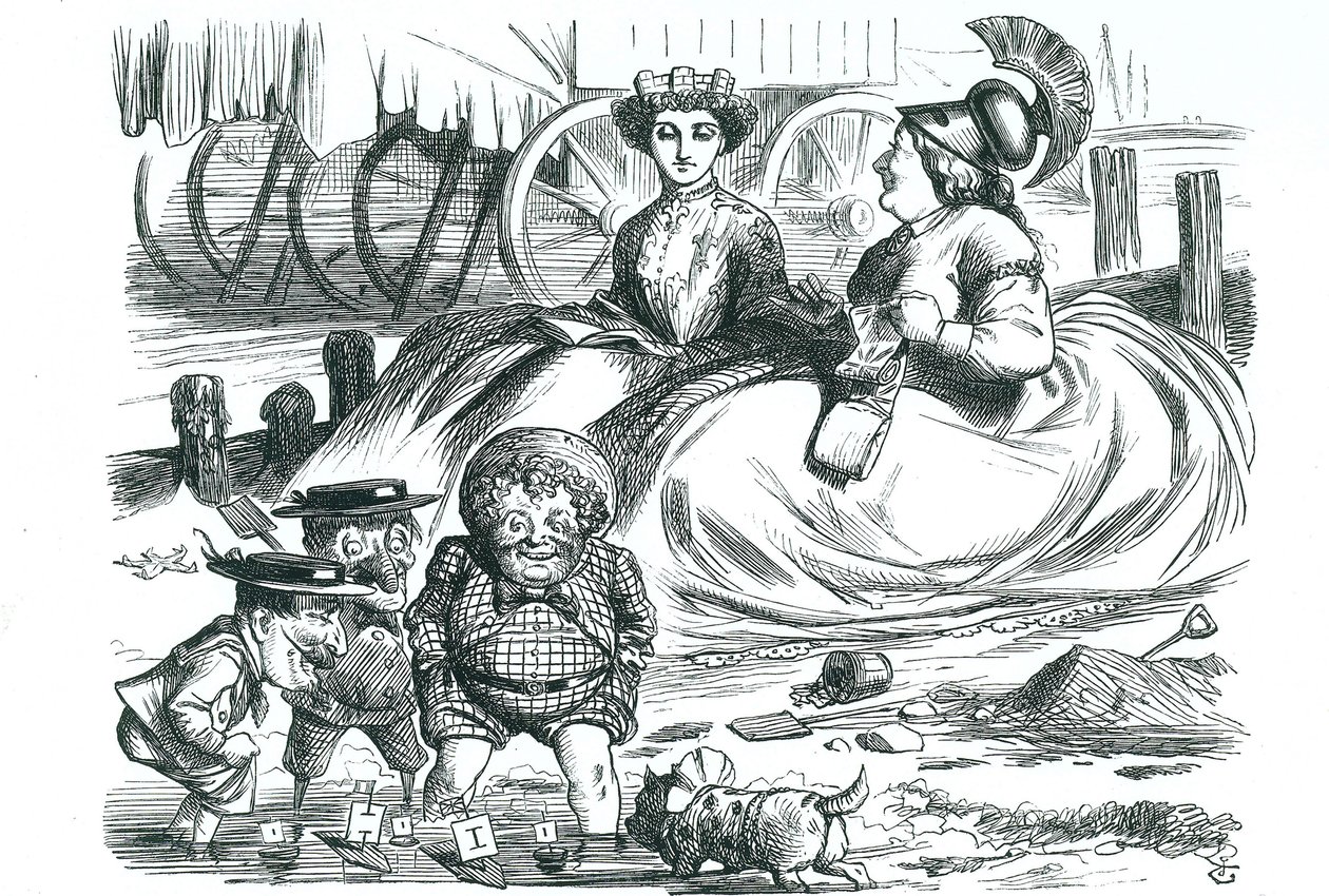 La France et la Grande-Bretagne regardant les enfants (John Bull, Mr Punch et Napoléon III). Cette année a marqué 50 ans de paix entre la France et la Grande-Bretagne et le début de l