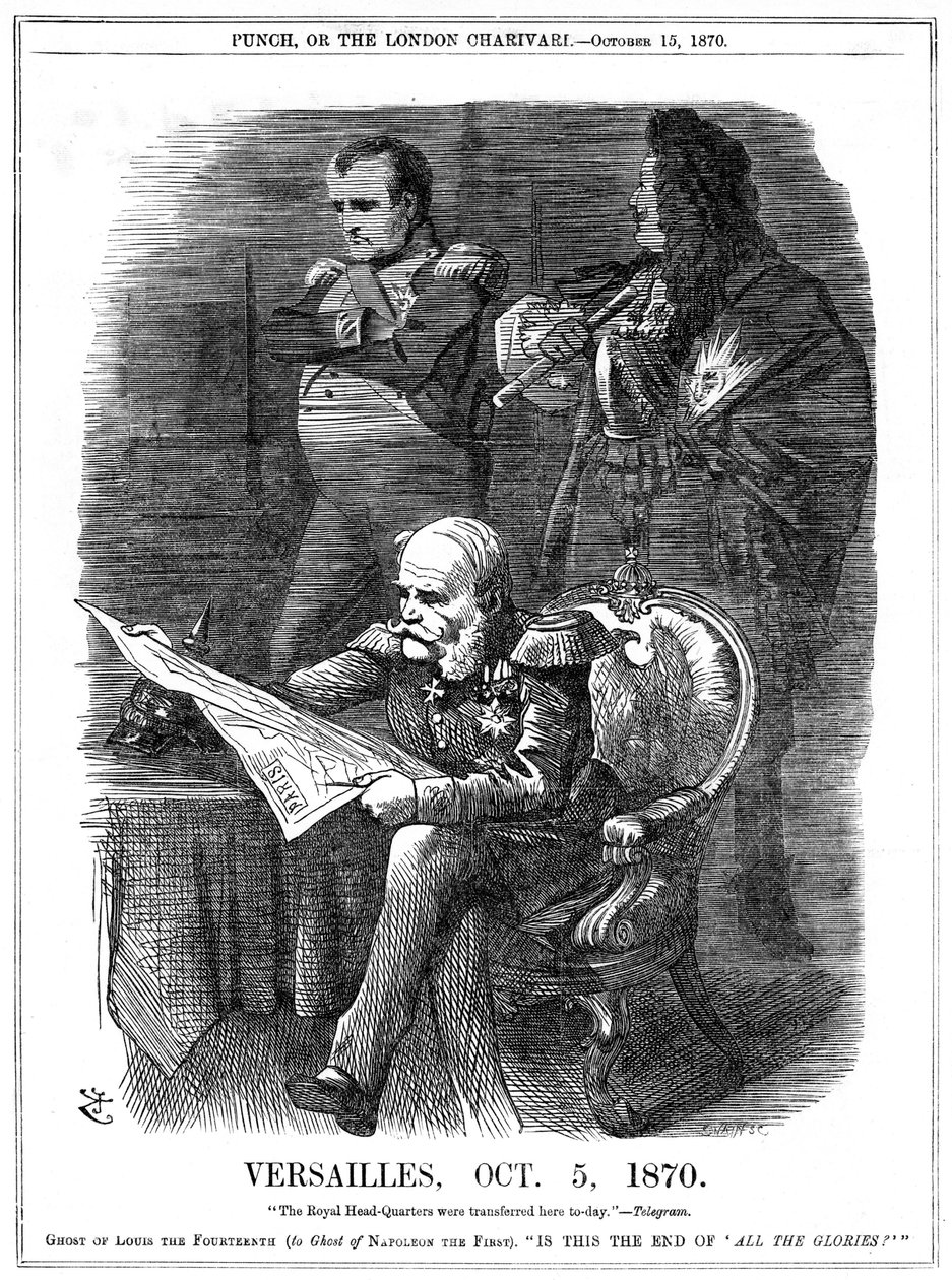 Guerre franco-prussienne 1870-1871 : Ombres de Louis XIV et Napoléon Ier déplorant la déchéance de la gloire de la France. Le 5 octobre 1870, Guillaume Ier, roi de Prusse, fit de Versailles son quartier général, et le 18 janvier fut proclamé empereur d