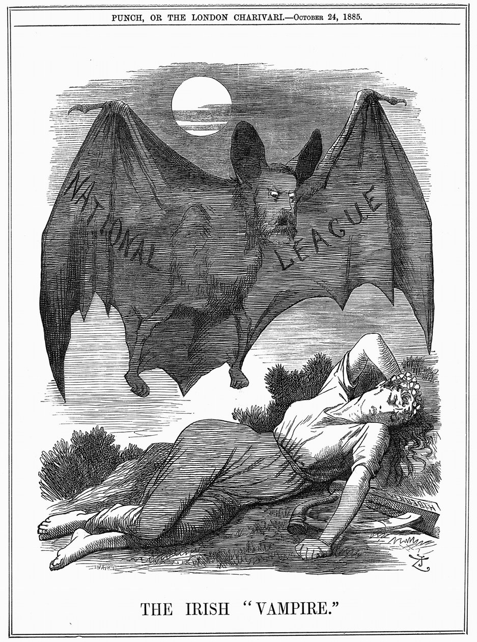 Ligue nationale irlandaise, avec le visage de Charles Stewart Parnell (1846-1891), montré comme un vampire s