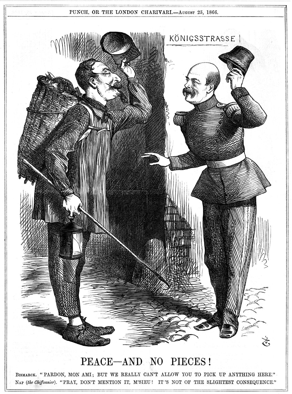 Napoléon III, empereur français 1852-1870, déguisé en chiffonnier, averti par Otto von Bismarck, le chancelier prussien. Les ambitions territoriales de Napoléon ont conduit à la guerre franco-prussienne de 1870-71. Caricature de John Tenniel dans Punch, Lo - John Tenniel