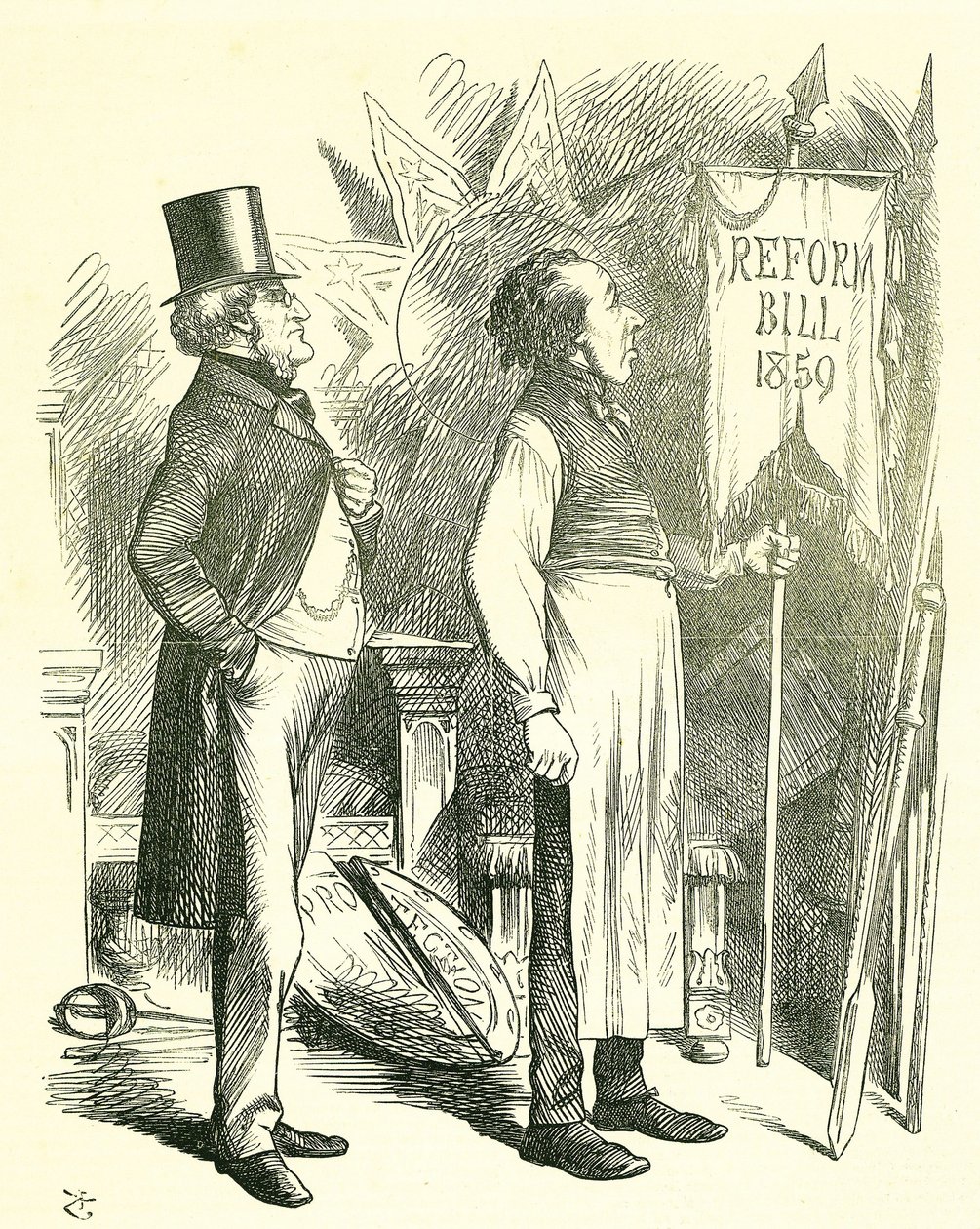 Économie politique : Réforme du Parlement - extension du droit de vote. Disraeli (chancelier) et Derby (Premier ministre) dépoussiérant le projet de loi de réforme. En 1867, Disraeli a introduit un nouveau projet de loi. Caricature de John Tenniel dans Pun - John Tenniel