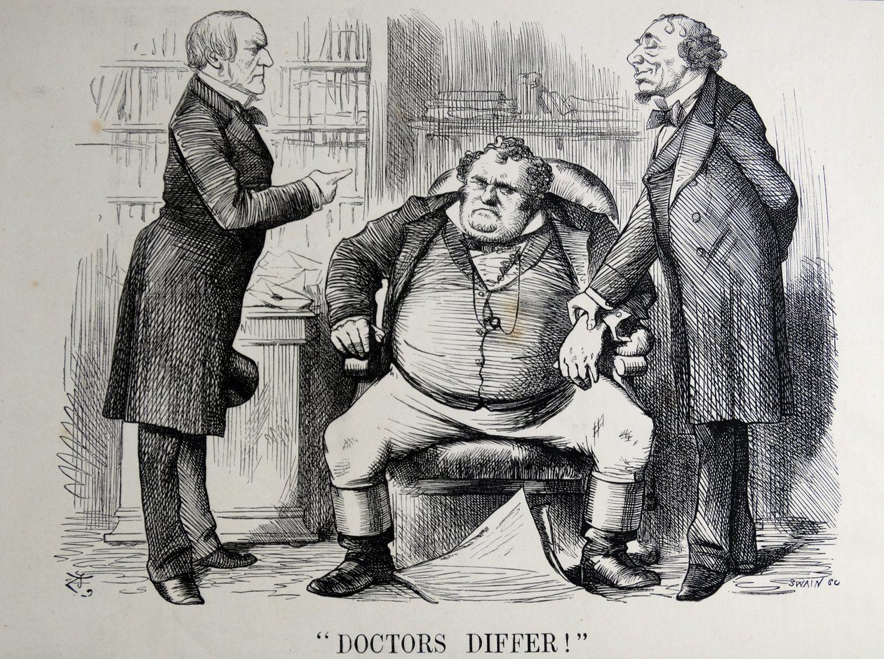 Satire politique représentant William Ewart Gladstone, Benjamin Disraeli et John Bull - John Tenniel