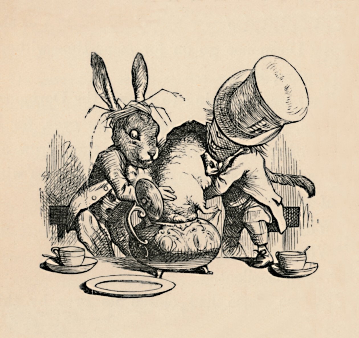 Le Chapelier fou et le Lièvre de Mars essayant de mettre le Loir dans une théière, 1889 - John Tenniel