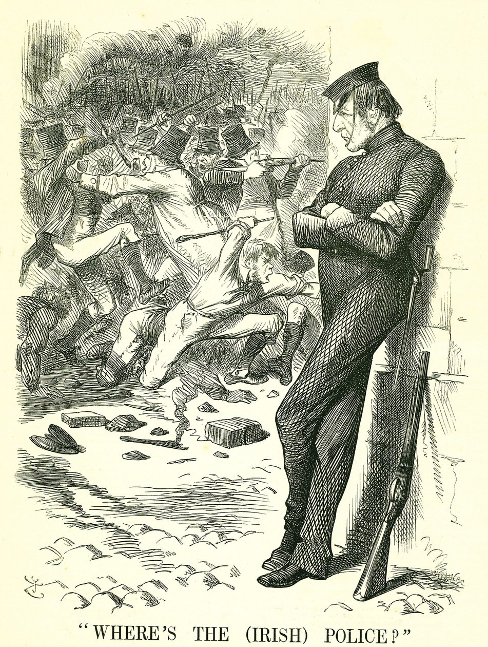 Où est la police (irlandaise) ? : William Gladstone, Premier ministre britannique, observant les troubles en Irlande et attendant d