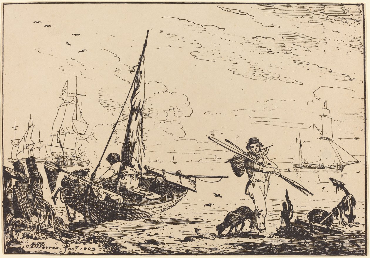 Marine : Bateaux de pêche sur le rivage, homme avec des rames, navire au loin - John Thomas Serres