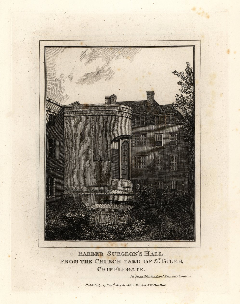 Hall des chirurgiens-barbiers, Monkwell Street, depuis le cimetière de l