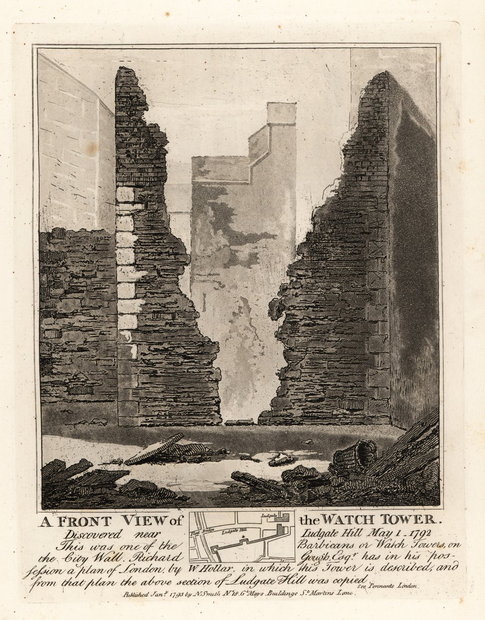 Vue de face de la tour de guet ou barbican dans le mur de la ville découvert près de Ludgate Hill, 1er mai 1792 - John Thomas Smith
