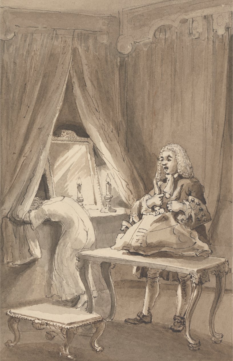 Hogarth après que sa femme a mis une nouvelle chemise de nuit, attache ses affaires pour les envoyer à Sir James Thornhill avec une lettre dans laquelle il lui dit, 