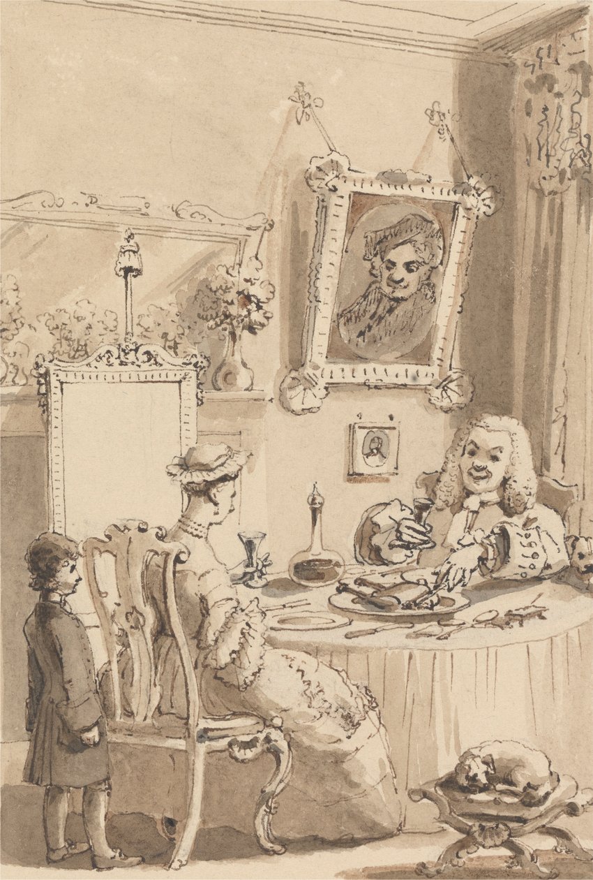 Hogarth buvant le premier verre de vin avec sa femme - leurs chiens gardant une distance respectueuse - John Thomas Smith