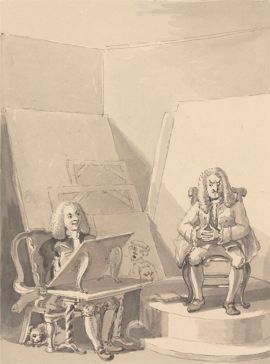 Hogarth réalisant un portrait de H. Fielding pour un libraire, à partir des traits de Garrick qui a emprunté une des perruques de l