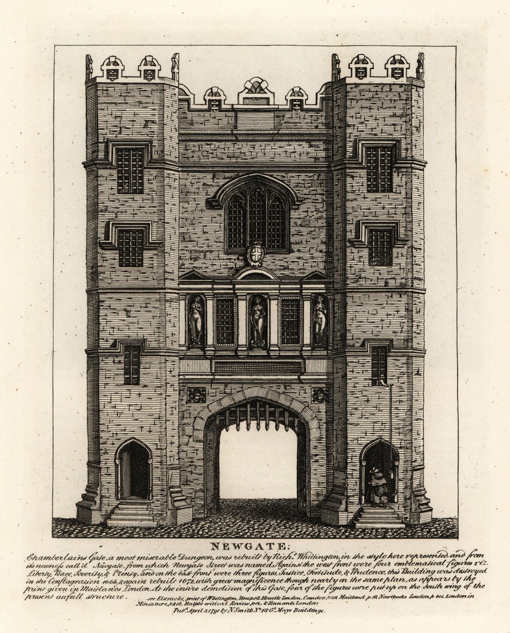 Newgate, reconstruit en 1672 après le Grand Incendie de Londres, avec trois figures Justice, Fortitude et Prudence de l