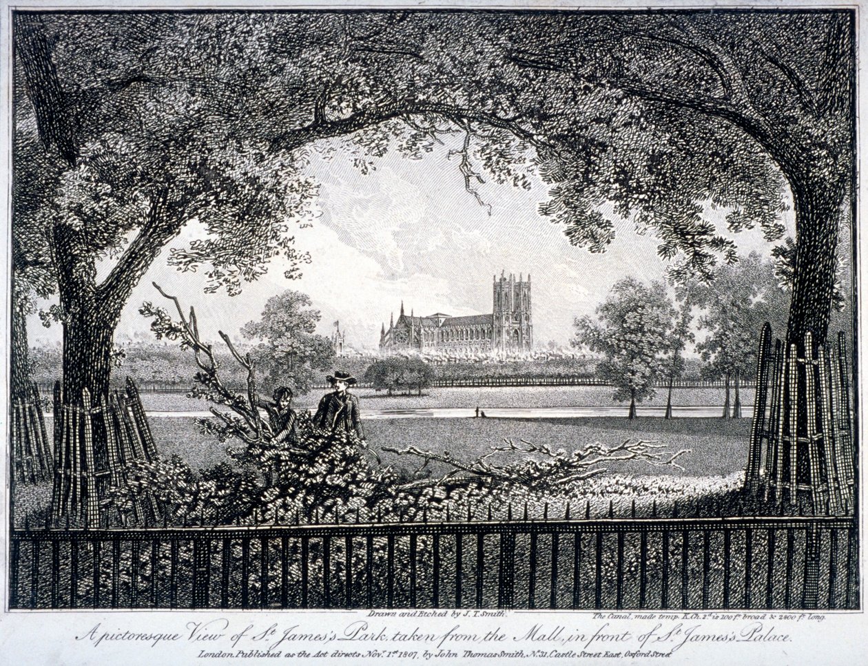 St James Park, depuis le Mall devant le Palais de St James, Westminster, Londres - John Thomas Smith