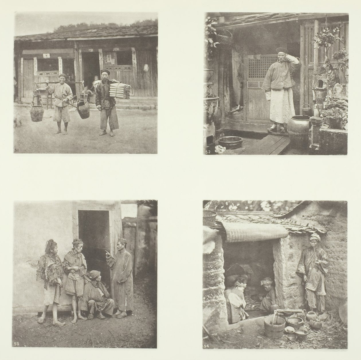 Coolies de Foochow, un détective de Foochow, le chef des voleurs, mendiants vivant dans une tour, vers 1868 - John Thomson