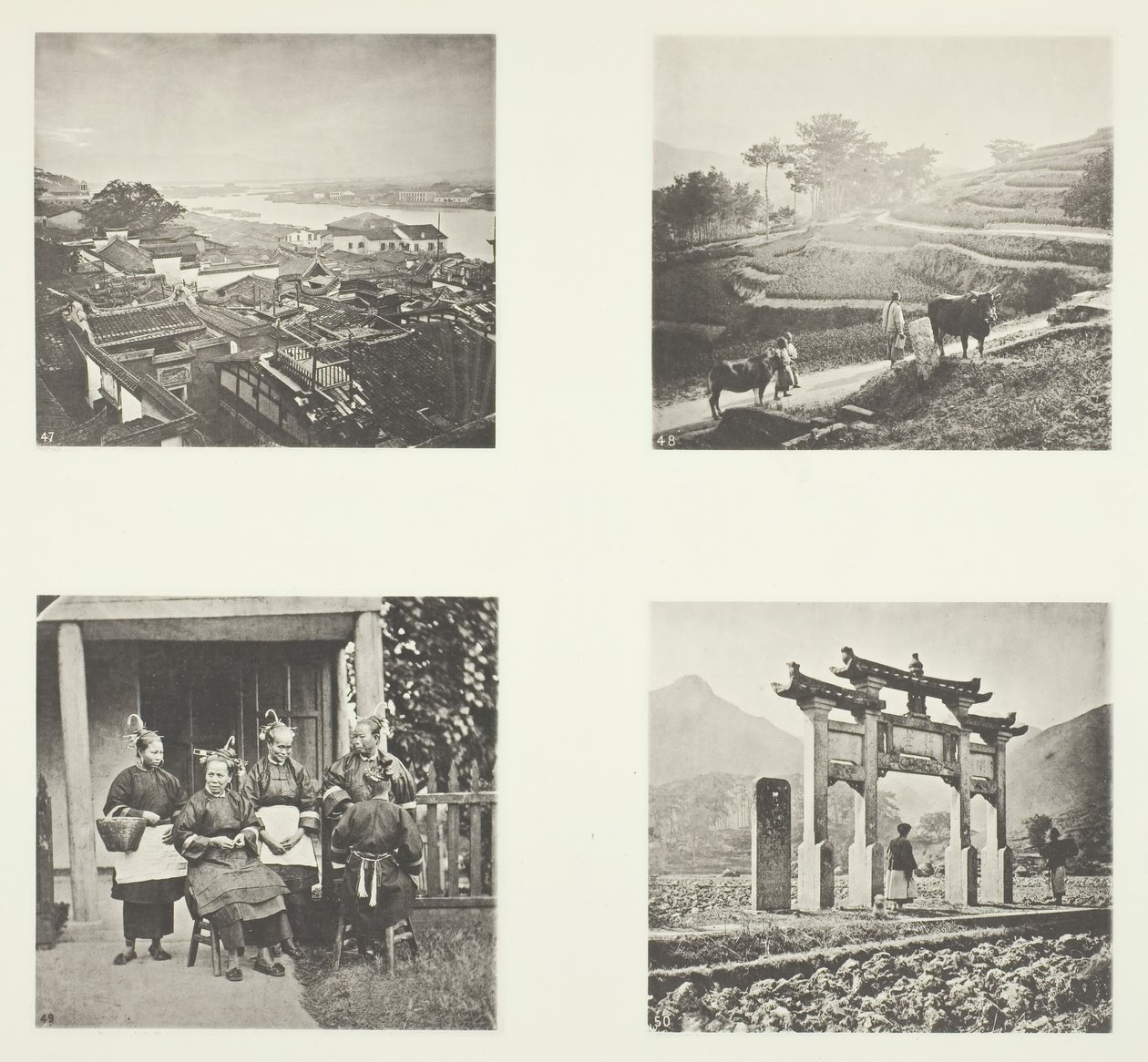 Partie de la colonie étrangère de Foochow, terrasses des collines, femmes des champs de Foochow, une arche commémorative, vers 1868 - John Thomson