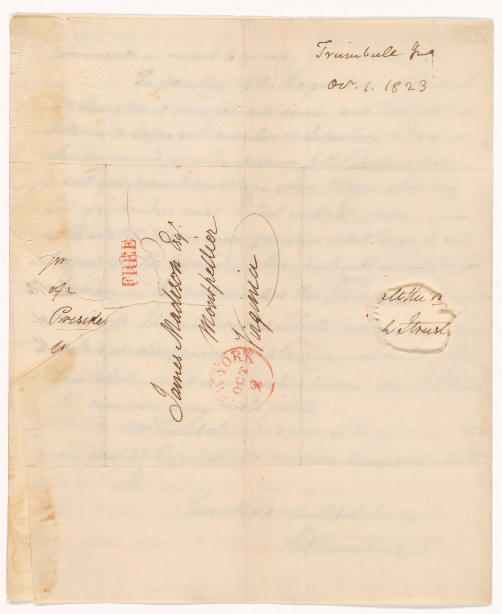 Lettre de John Trumbull (1756-1843) au président Madison datée du 1er octobre 1823 - John Trumbull