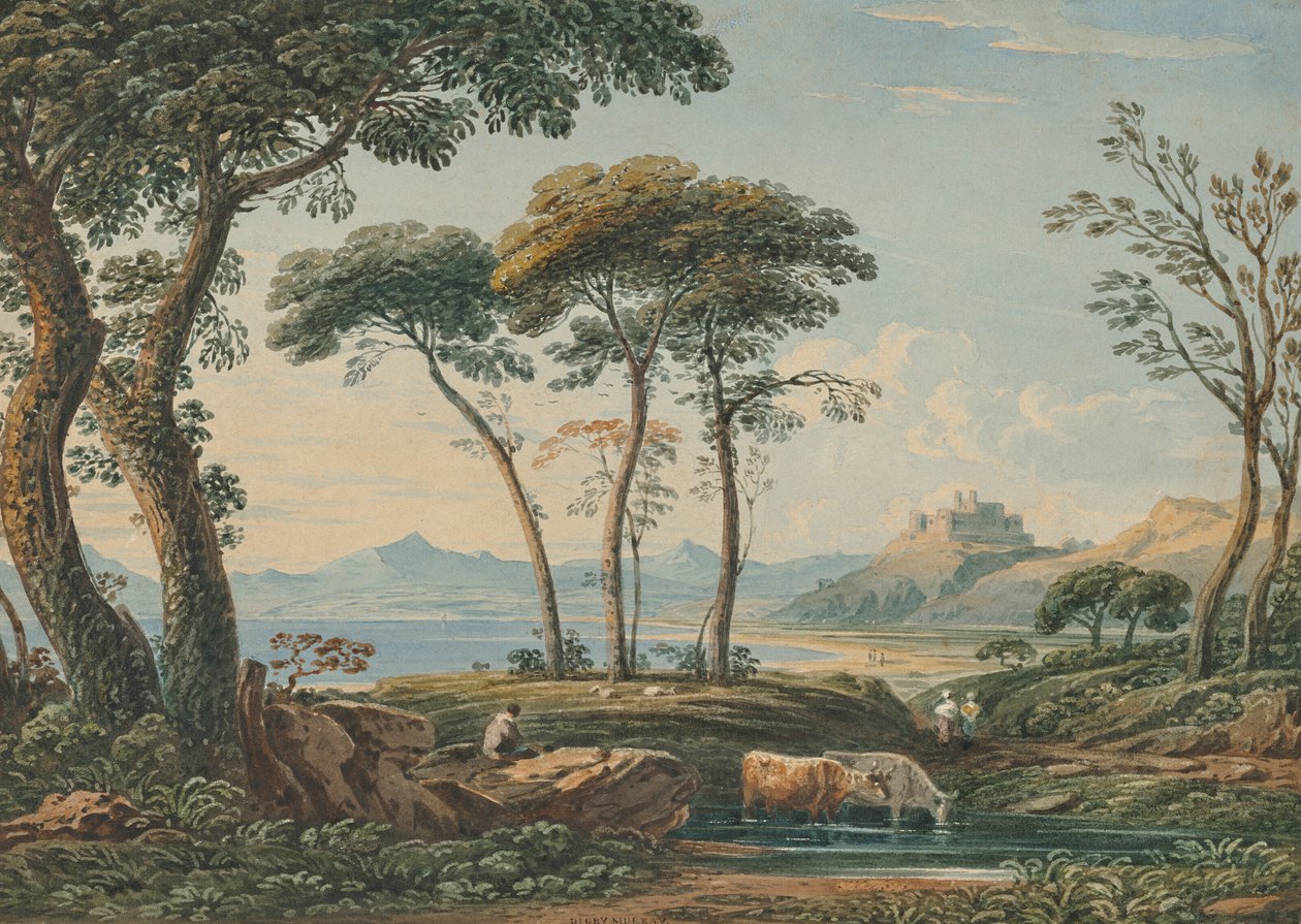Vue lointaine du château de Harlech et du Snowdon, Nord du Pays de Galles - John Varley