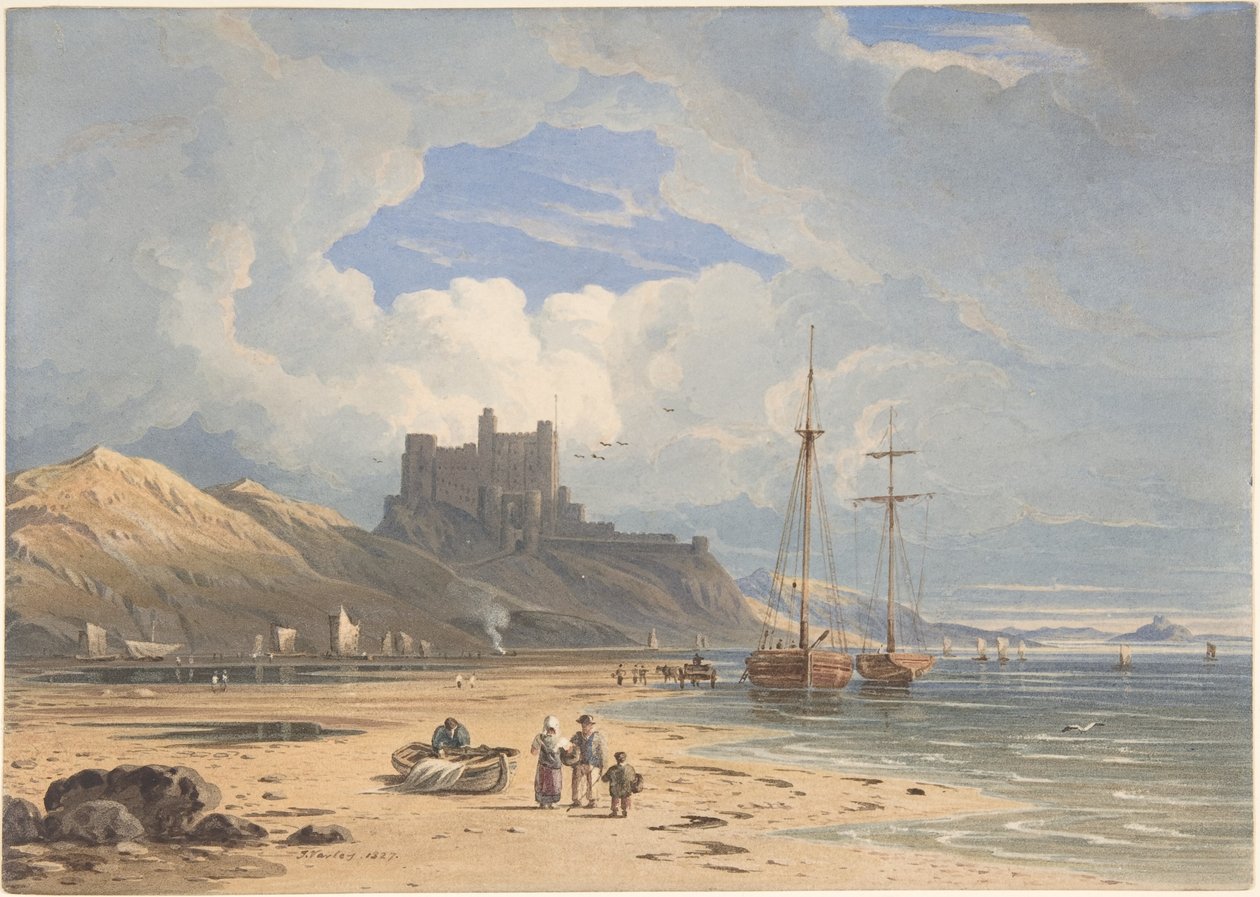 Le château de Bamborough vu du nord-est, avec Holy Island au loin, Northumberland - John Varley