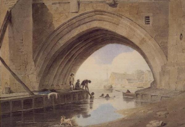 Enfants nageant sous le pont Ouse à York - John Varley