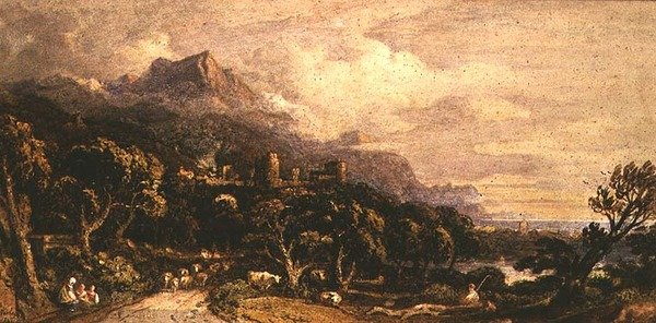 Paysage avec château et montagne - John Varley