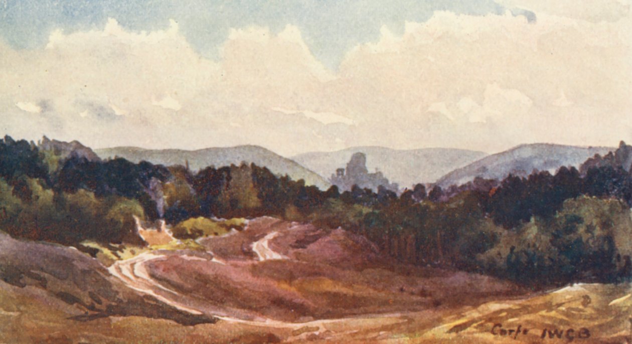 Château de Corfe depuis Rempstone Heath (lithographie couleur) - John W.G. Bond