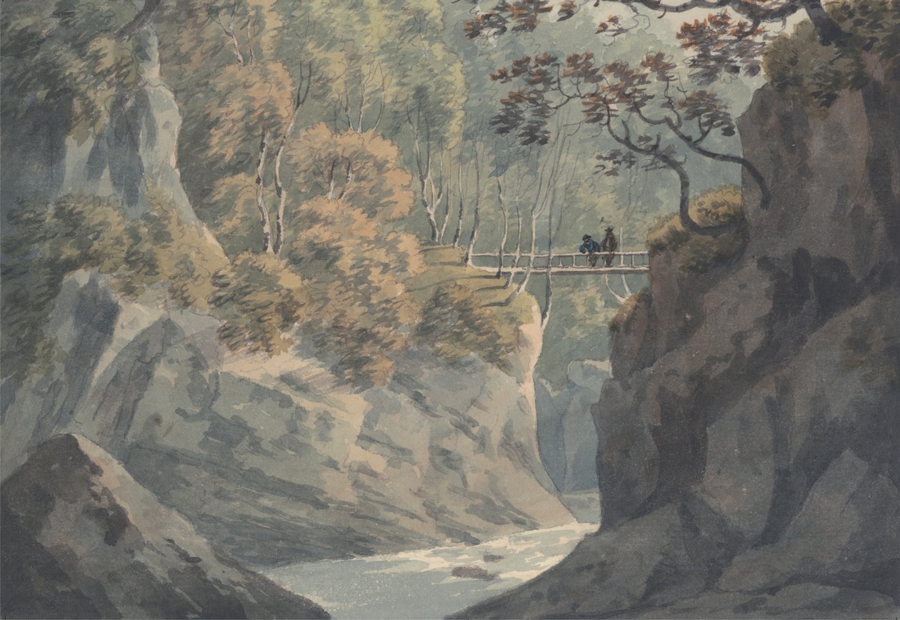 Pont alpin et paysage boisé près de Pistil y Maw - John Warwick Smith