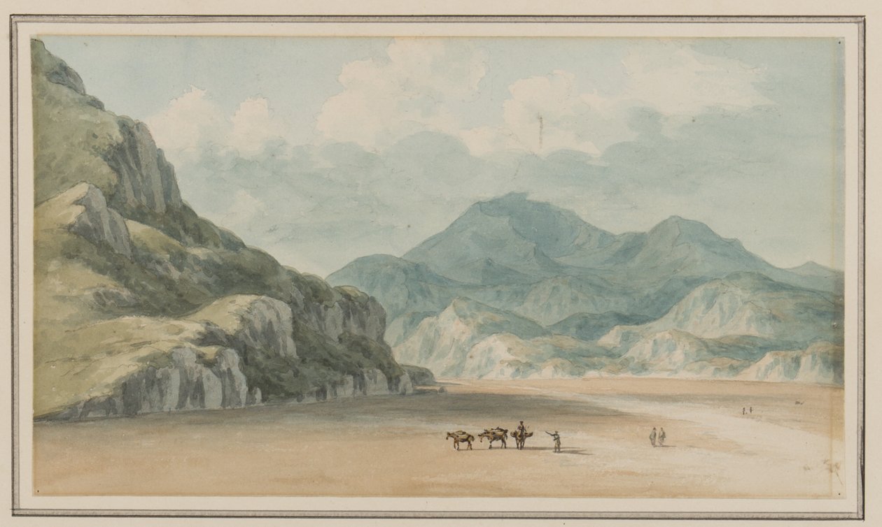 Vue sur les sables de Fraeth Mawr, vers Snowdon, en les traversant entre Penmorsa et Cynant, Merionethshire, 21 juillet 1795 - John Warwick Smith