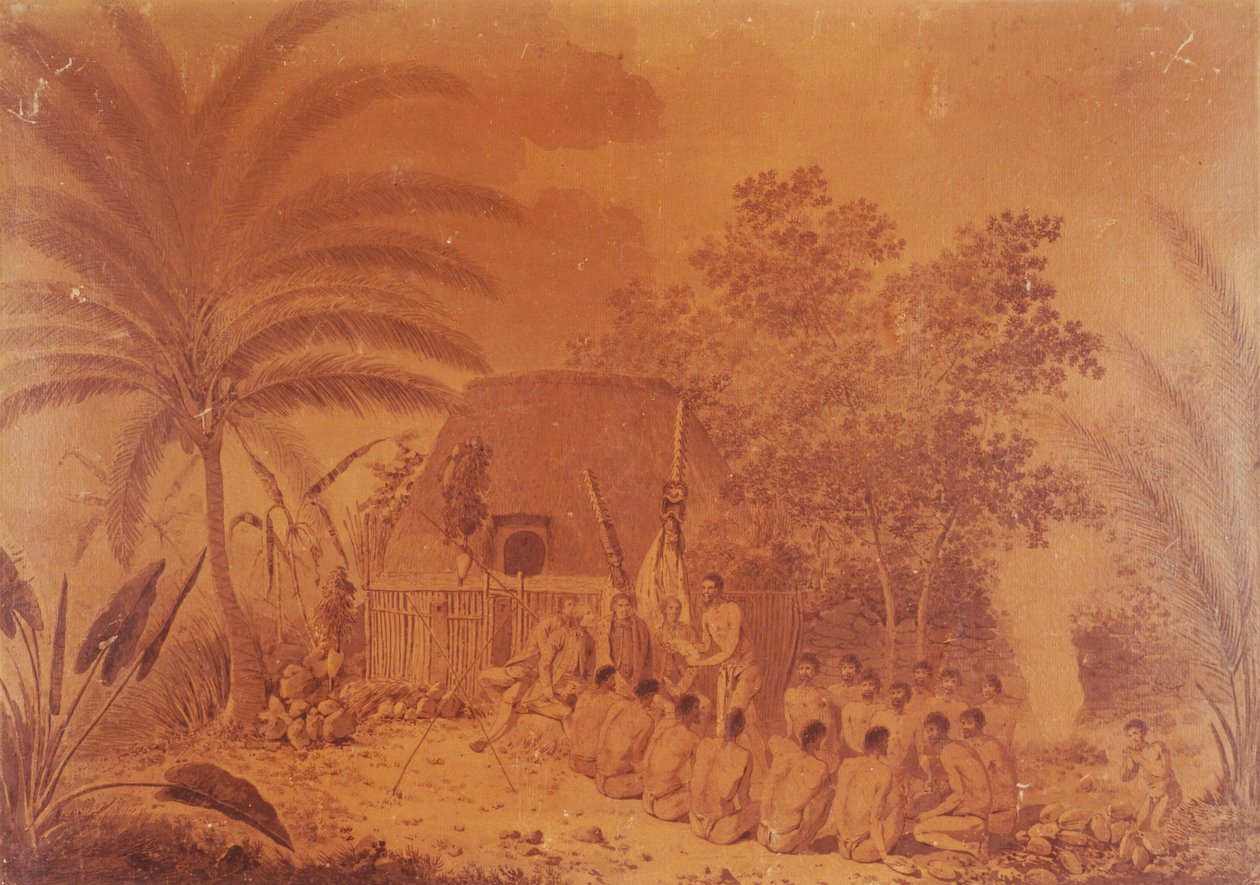 Offrandes au capitaine James Cook, gravure de John Webber, Polynésie XVIIIe siècle - John Webber
