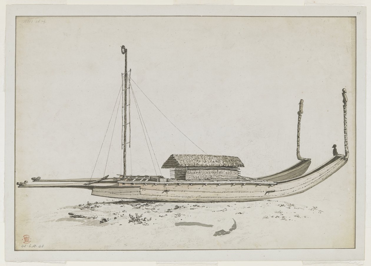 [Dessin complet] Une double pirogue de voyage d'Otaheite [Tahiti], avec ...