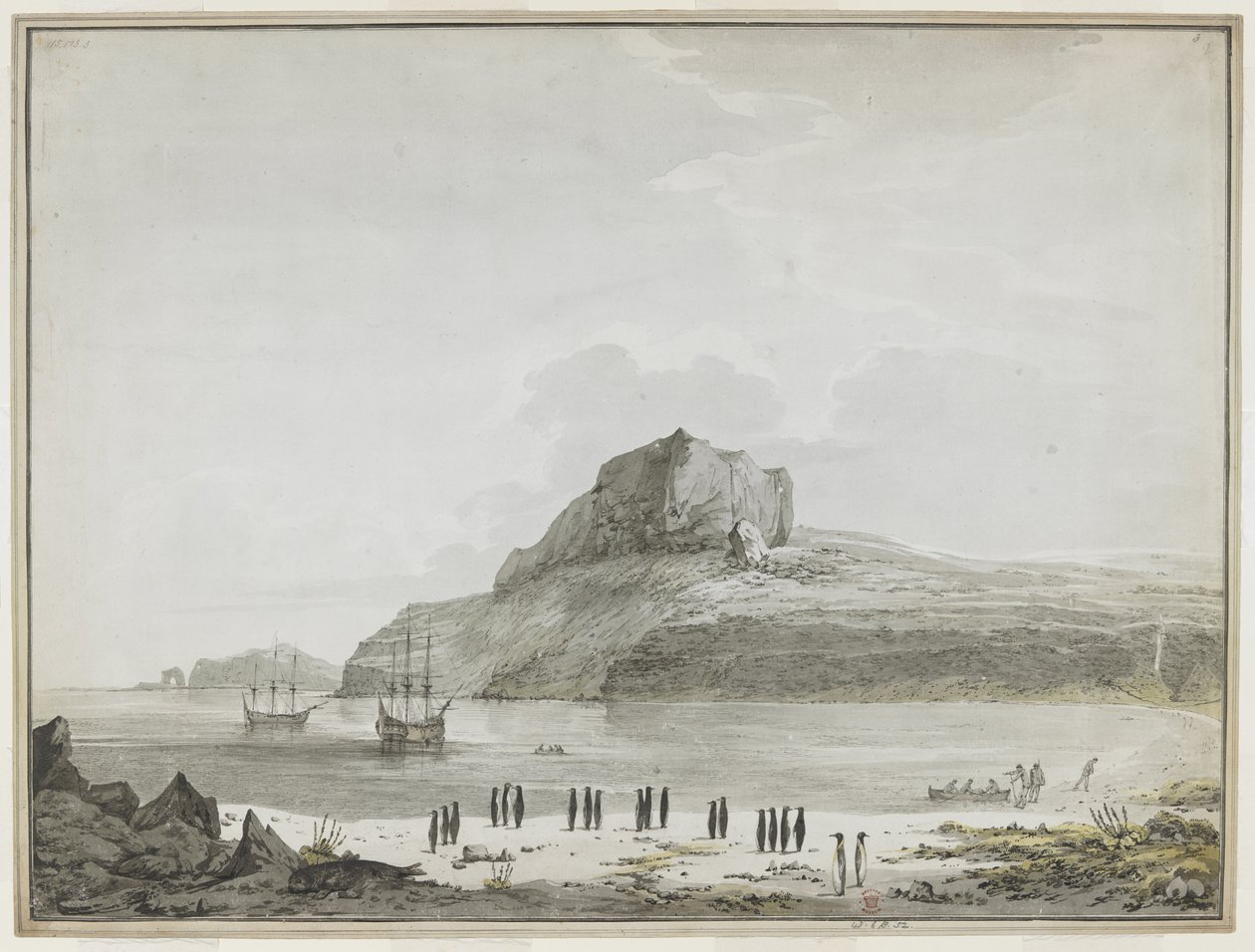 Vue du port de Noël, île Kerguelen, avec le Discovery et le Resolution à l