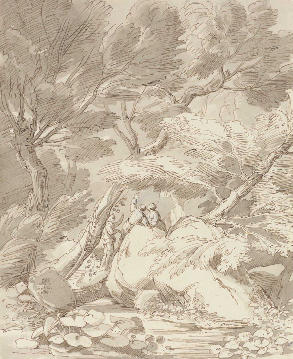 Figures sur une rive rocheuse à Canonteign, Devon - John White Abbott