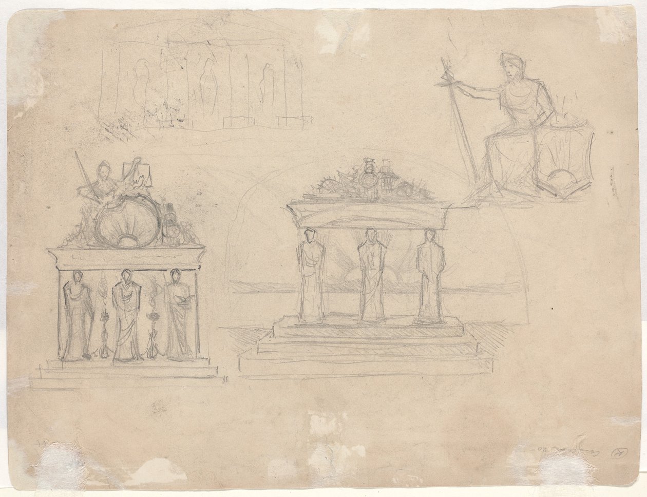 Études de façades de temples classiques et figure féminine assise - John William Casilear