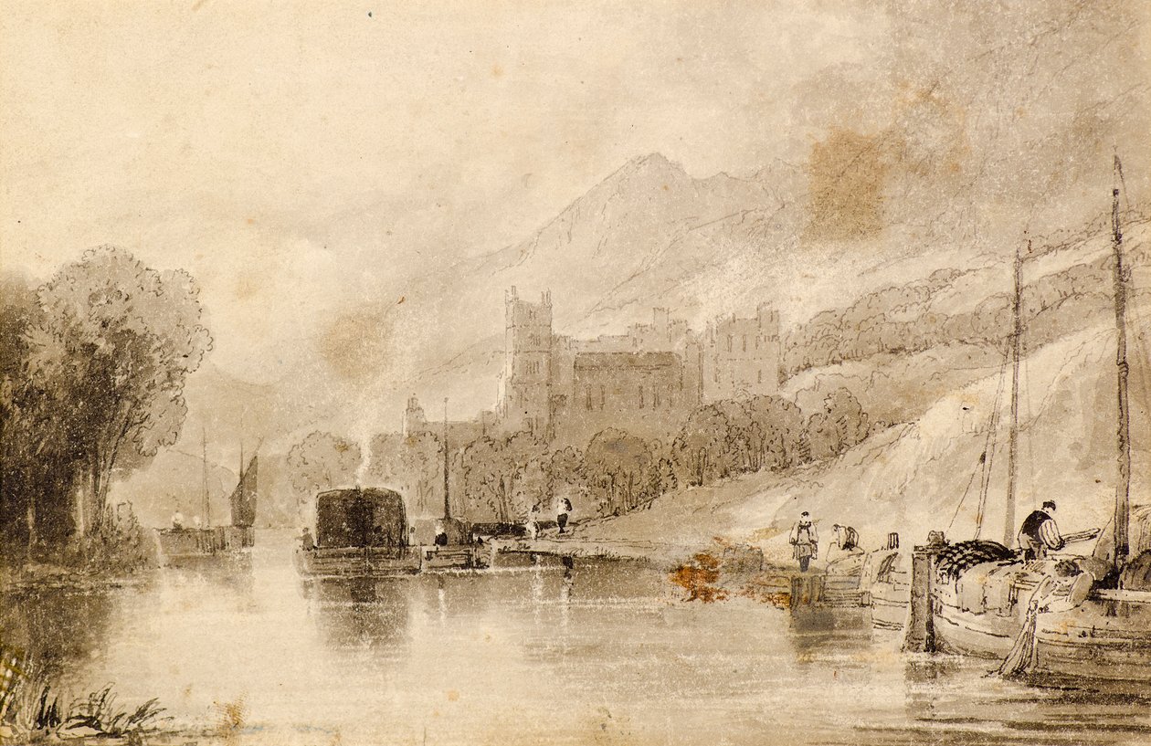 Scène de rivière avec barges et château en ruine - John Wilson Ewbank