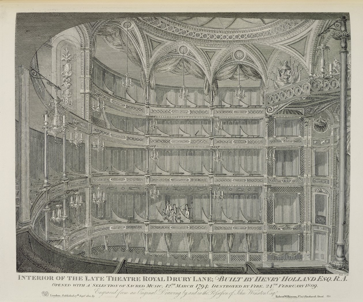 Intérieur du feu Théâtre Royal, Drury Lane, à Londres, construit par Henry Holland, 1794, détruit par le feu en 1809, gravé par Dale, 1820 - John Winston